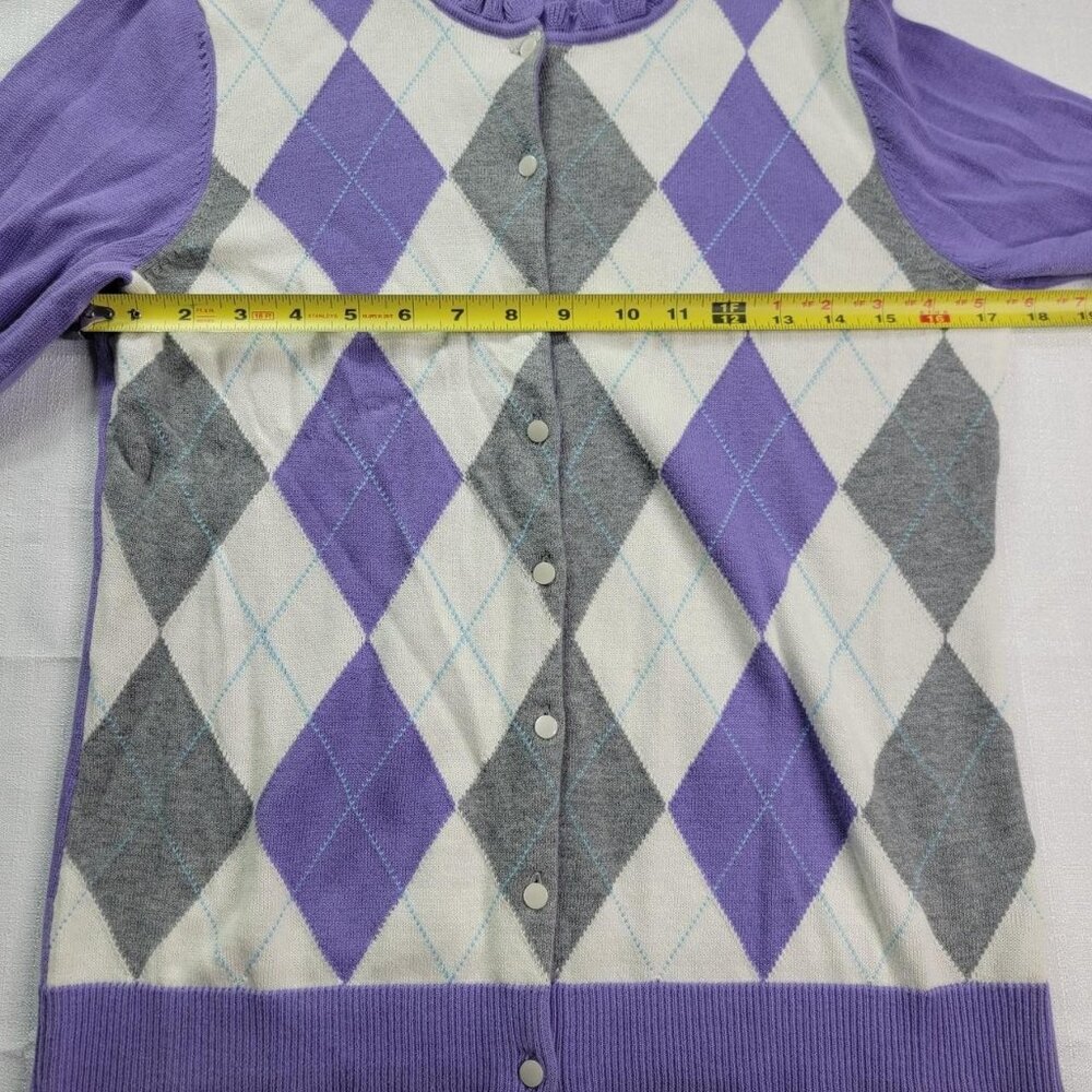 Talbots Argyle Cardigan Sweater Women's Size Small Purple Gray Ruffle Neck - Picture 5 of 9